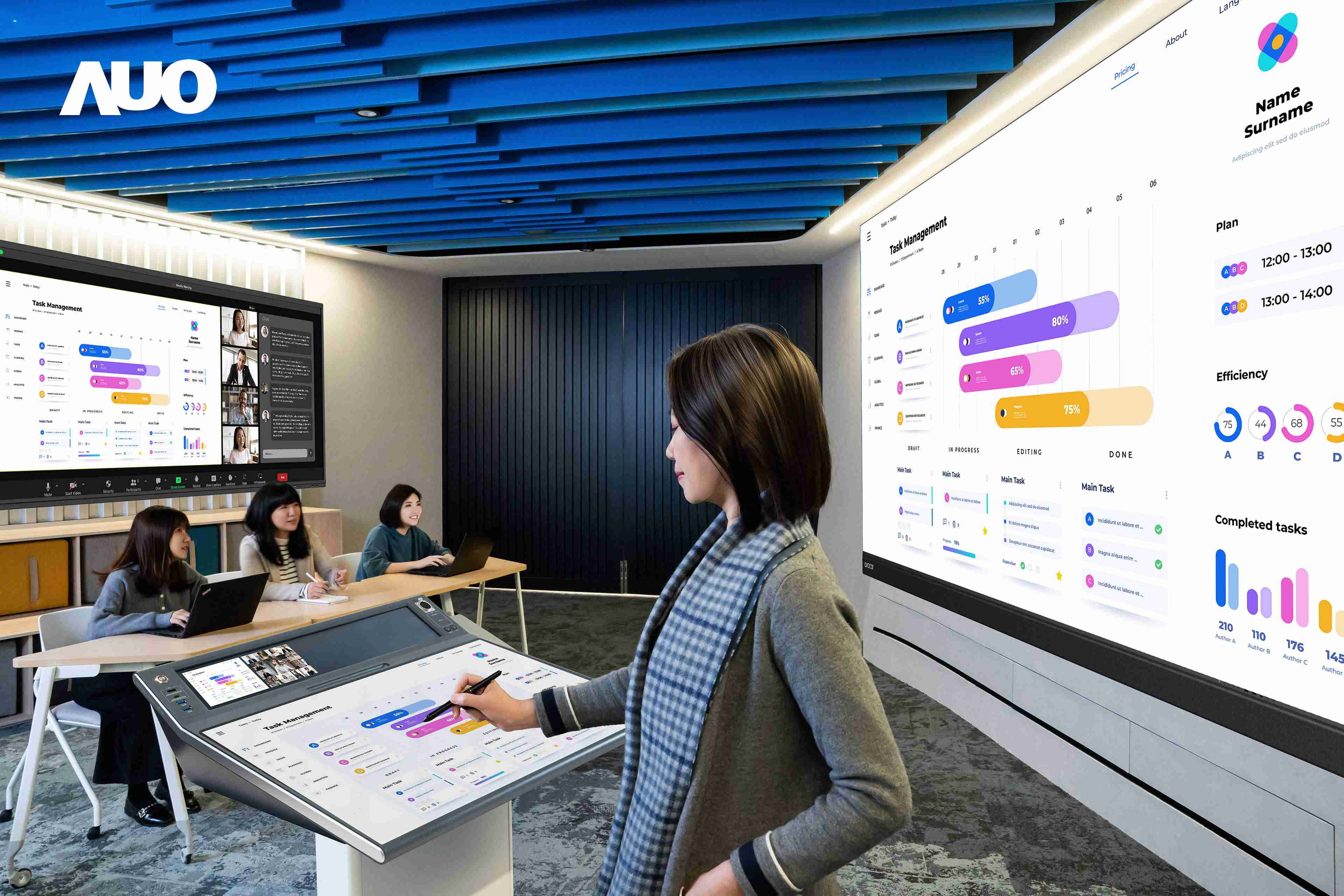 达擎携手Avocor与Rise Vision展示全方位商务领域应用，，包含采用模块化设计的138吋一体式All-in-One LED显示器及具21:9超宽比例的92吋交互式电子白板（IFPD），，讲者可轻松分享内容，，有效提升会议协作效率。。。。